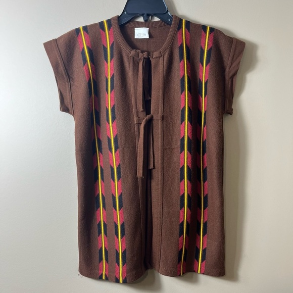 Vintage Boho Southwest Knit Tie Cardigan Brown Earth Tones Geometric Aztec Retro - Picture 2 of 10